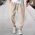 thumbnail image 1 of Harem Pants Men Drawstring Elastic Waist Taper Cotton Linen Pants Baggy Lightweight Casual Pants with Pocket, M, 1 of 5