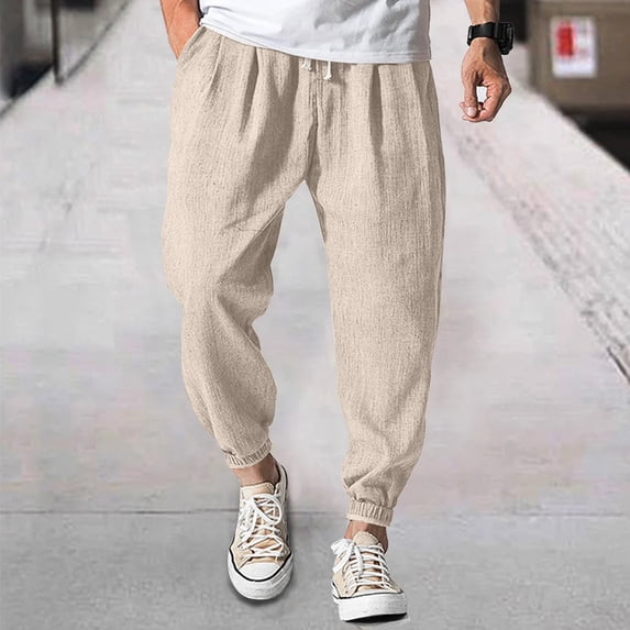 Harem Pants Men Drawstring Elastic Waist Taper Cotton Linen Pants Baggy Lightweight Casual Pants with Pocket, M