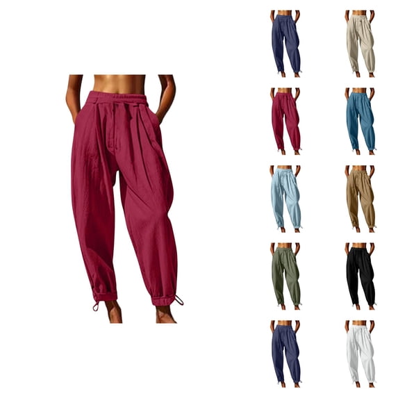 Harem Pants Women Spring Summer Elastic Waist Loose Fit Lightweight Beach Pants Trousers with Pockets