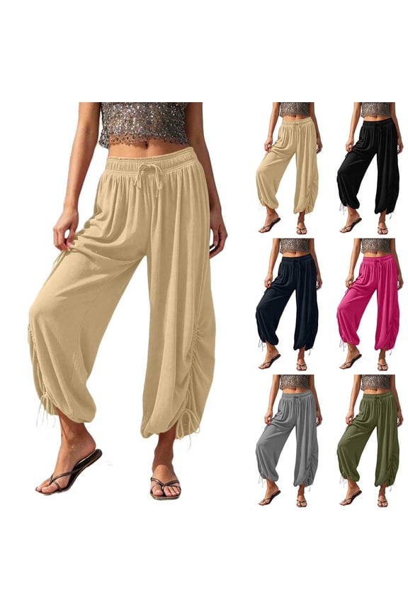 Harem Pants Women with Pockets Boho Low Rise Pleated Wide Leg Cropped Pants Loose Side Slit Lounge Pants
