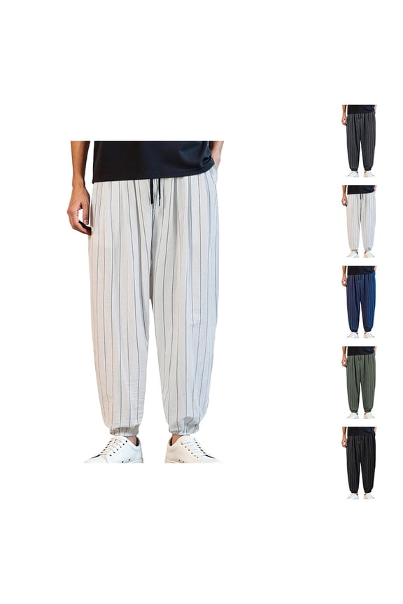 Harem Pants for Men 2026 Spring Summer Loose Fit Elastic Waist Striped Lightweight Cotton Linen Baggy Pants with Pockets