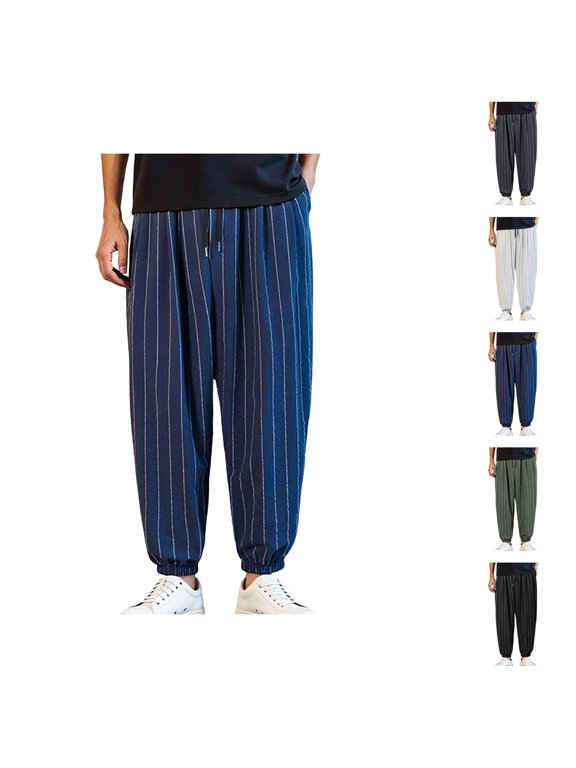 Harem Pants for Men 2026 Spring Summer Loose Fit Elastic Waist Striped Lightweight Cotton Linen Baggy Pants with Pockets