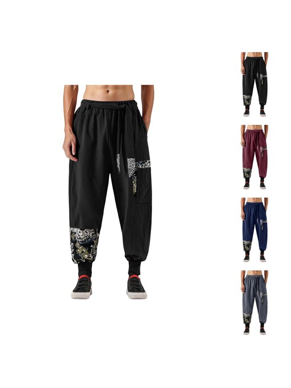 Harem Pants for Men 2026 Spring Summer Relaxed Fit Elastic Waist Vintage Dragon Print Cotton Linen Casual Pants with Pockets