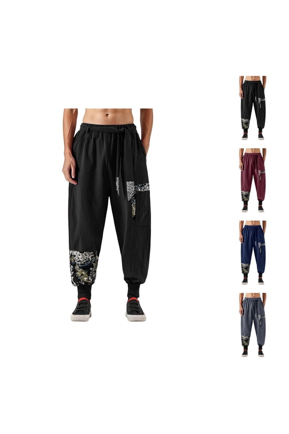 Harem Pants for Men 2026 Spring Summer Relaxed Fit Elastic Waist Vintage Dragon Print Cotton Linen Casual Pants with Pockets