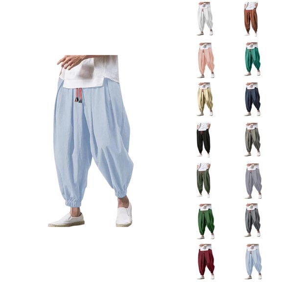 Harem Pants for Men Elastic Waist Drawstring Loose Baggy Cropped Casual Pants Streetwear Trousers