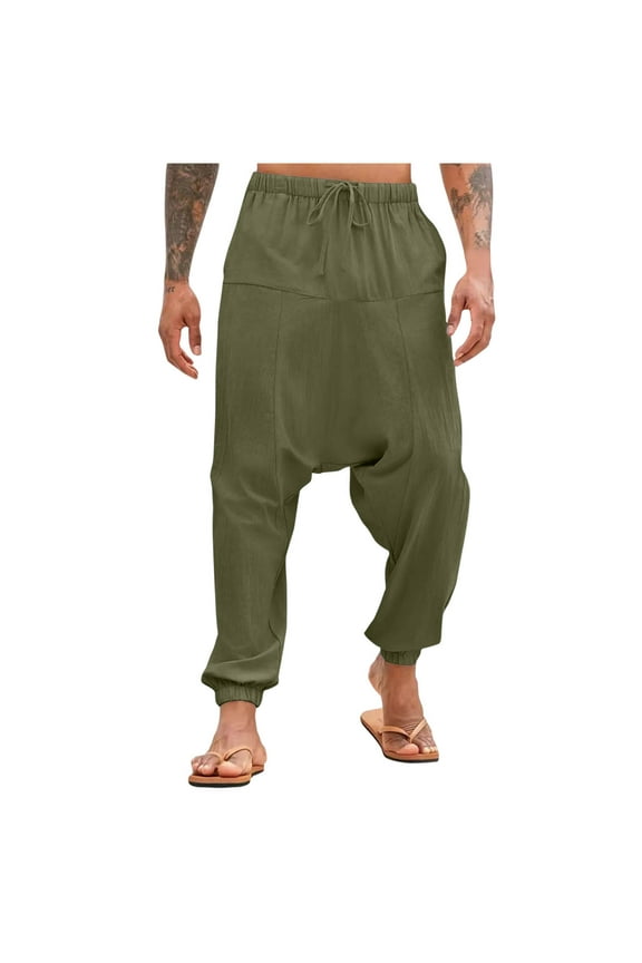 Harem Pants for Men Loose Elastic Waist Drawstring Hippie Drop Crotch Trousers Cotton Baggy Hippie Yoga Pants