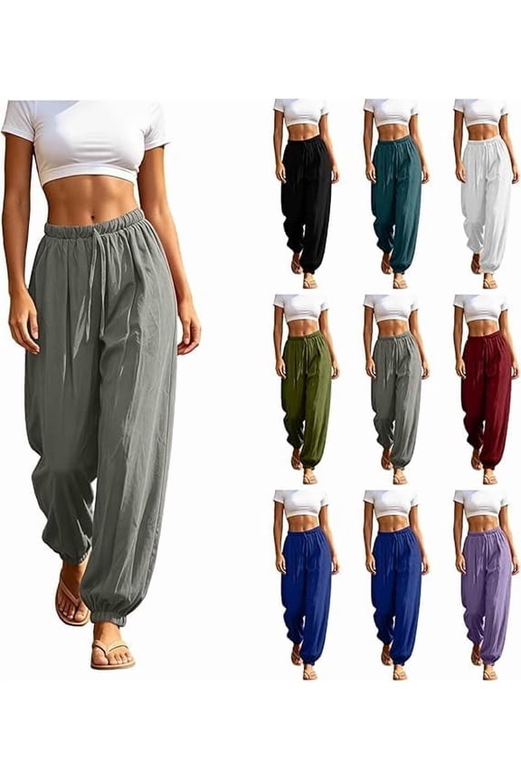 Harem Pants for Women Cotton Linen Boho Palazzo Pants High Waisted Elastic Loose Lightweight Trousers White L