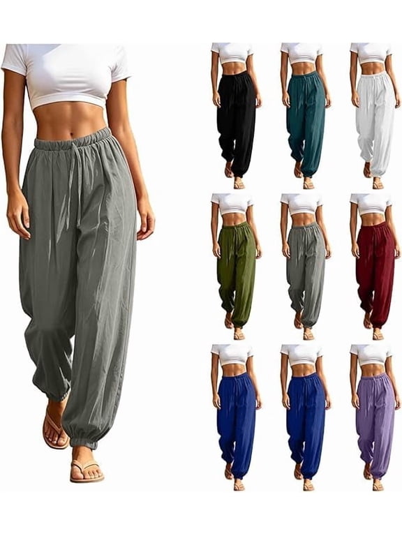 Harem Pants for Women Cotton Linen Boho Palazzo Pants High Waisted Elastic Loose Lightweight Trousers Wine S