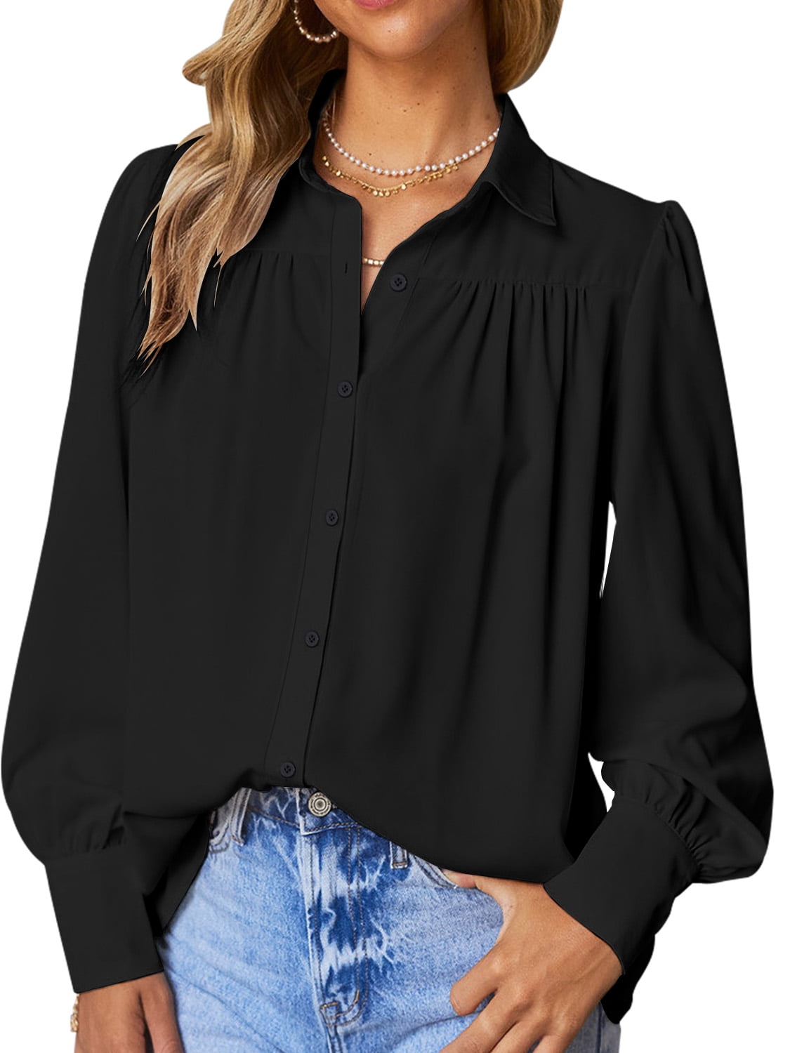 Harence Womens Button Down Shirts Long Sleeve V Neck Blouse Top Female ...