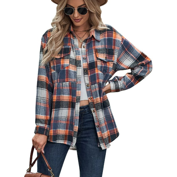 Harence Womens Plaid Flannel Shirt Jacket Long Sleeve Button Down ...