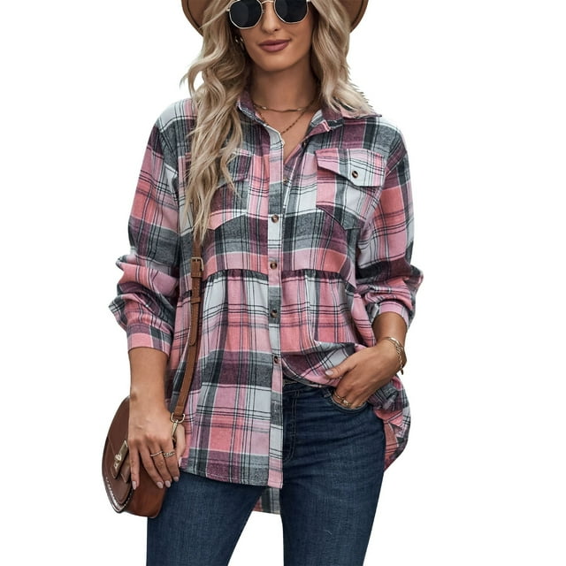 Harence Womens Plaid Flannel Shirt Jacket Long Sleeve Button Down ...