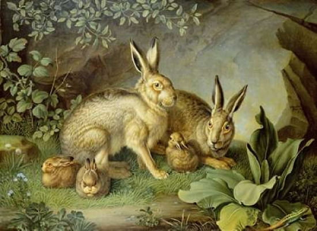 Hares and Leverets In a Rocky Lair Canvas Art - Johann Wenzel Peter (18 x 24)