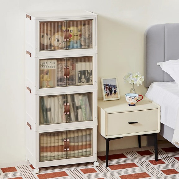 Harfen Stackable Storage Bins, 4-layer 160QT Plastic Folding Cabinet Containers for Room Warehouse Kitchen Clothes,with Lid and Wheels