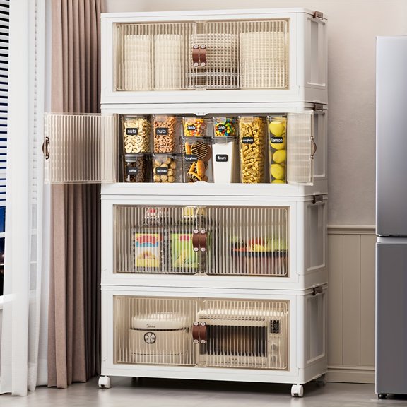 Harfen Stackable Storage Bins, 4-layer 256QT Plastic Folding Cabinet Containers for Room Warehouse Kitchen Clothes,with Lid and Wheels