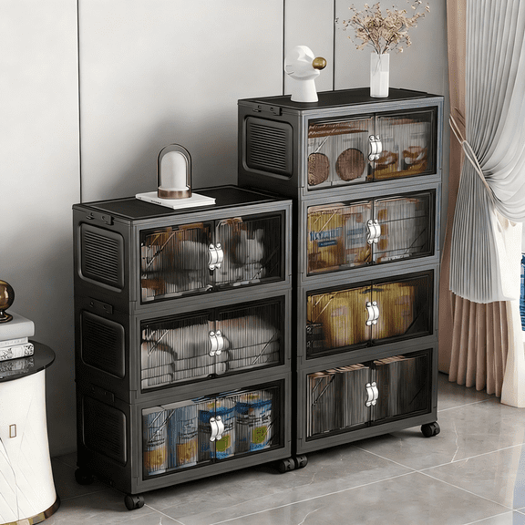 Harfen Stackable Storage Bins, 4-layer 256QT Plastic Folding Cabinet Containers for Room Warehouse Kitchen Clothes,with Lid and Wheels