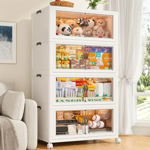 Harfen Stackable Storage Bins, 4-layer 256QT Plastic Folding Cabinet Containers for Room Warehouse Kitchen Clothes,with Lid and Wheels