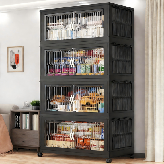 Harfen Stackable Storage Bins, 4-layer 512QT Plastic Folding Cabinet Containers for Room Warehouse Kitchen Clothes,with Lid and Wheels