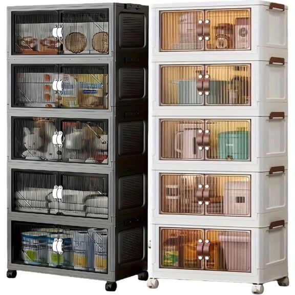 Harfen Stackable Storage Bins, 5-Layer 640QT Plastic Folding Cabinet Containers for Room Warehouse Kitchen Clothes,with Lid and Wheels