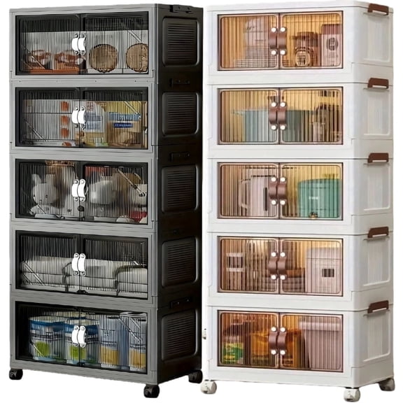 Harfen Stackable Storage Bins, 5-Layer 640QT Plastic Folding Cabinet Containers for Room Warehouse Kitchen Clothes,with Lid and Wheels