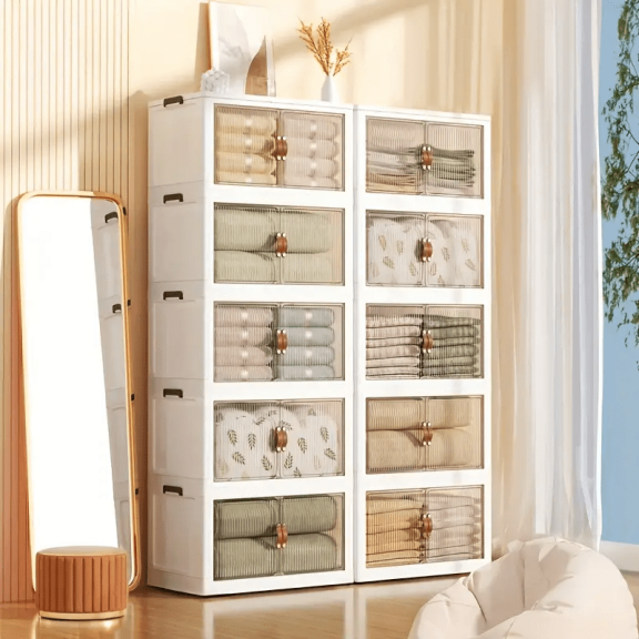 Harfen Stackable Storage Bins, 5-layer 200QT Plastic Folding Cabinet Containers for Room Warehouse Kitchen Clothes,with Lid and Wheels