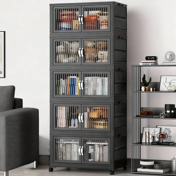 Harfen Stackable Storage Bins, 5-layer 200QT Plastic Folding Cabinet Containers for Room Warehouse Kitchen Clothes,with Lid and Wheels