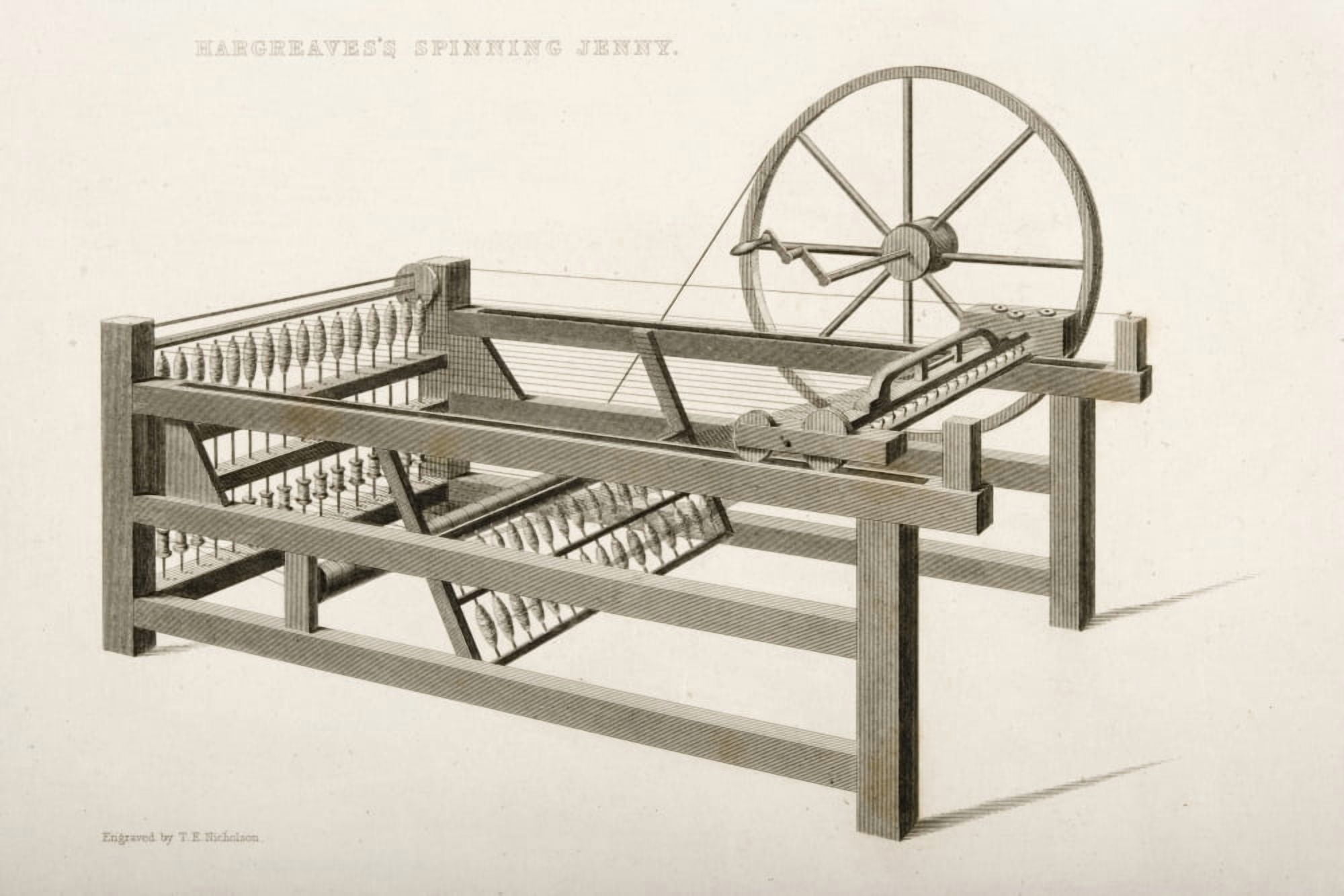 Hargreaves Spinning Jenny Engraved By TE Nicholson In 1830S Canvas Art - Ken Welsh Design Pics (34 x 22)