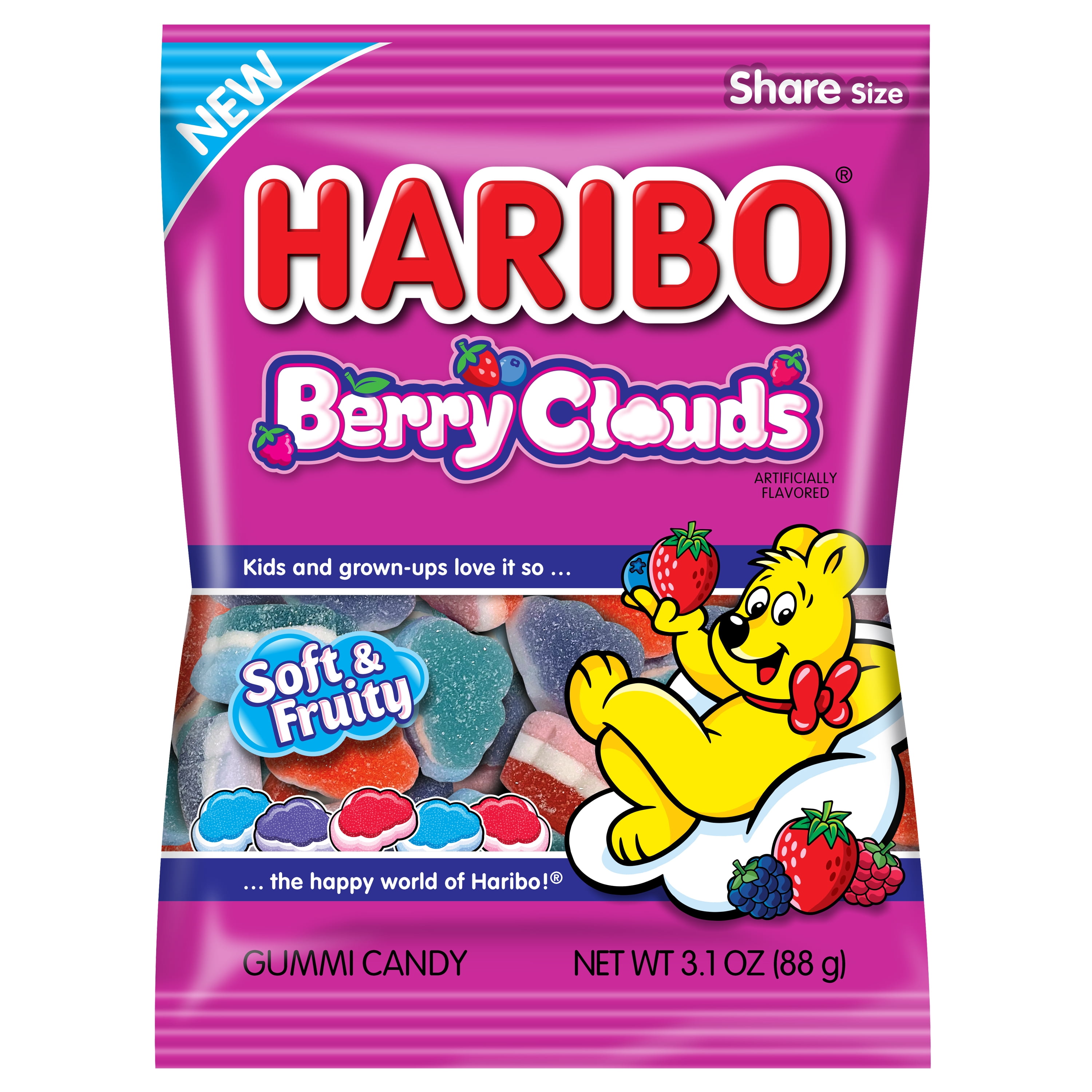 HARIBO Berry Clouds Gummies Assorted Berry Flavor Cloud Shaped Soft Chewy Gummy Candy, 3.1oz, Share Size Peg Bag