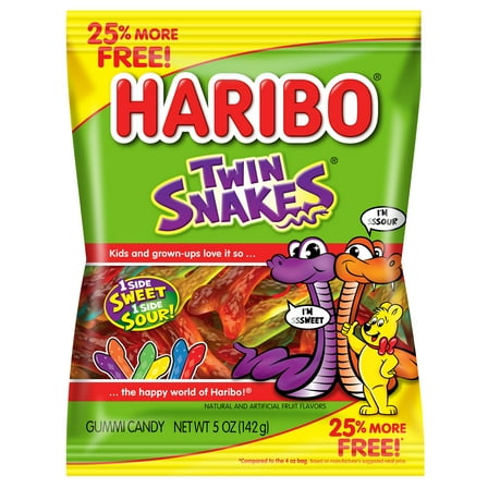HARIBO Twin Snakes Gummies Original Assorted Fruit Flavor Gummy Candy +25% Bonus, 5oz, Share Size Peg Bag