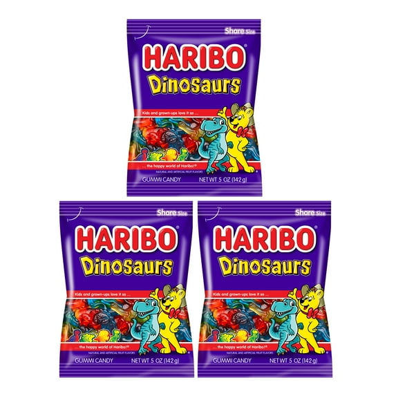 Haribo Dinosaurs Pack of 3 (5oz Bags) Variety of Fruit Flavors Gummy Candy