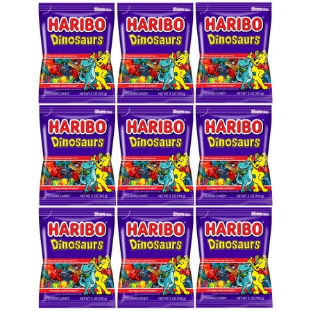 Haribo Dinosaurs Pack of 9 (5oz Bags) Variety of Fruit Flavors Gummy Candy