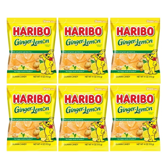 Haribo Ginger-Lemon Pack of 6 (4oz Bags) Ginger and Lemon Flavored Gummi Candy