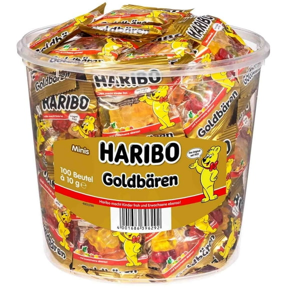Haribo Goldbren Gummy Bears Candy Tub, 980 gram, 100 Mini Bags, Fruit-Flavored Chewy Treats, Gelatin-Based Snack