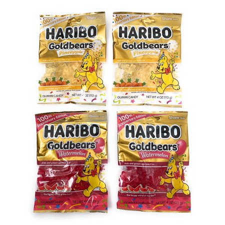 Haribo Goldbears Celebrate100th Anniversary Edition Gummy Candy Watermelon and Pineapple Gummi Candy, 4 oz. Bags (Pack of 4)