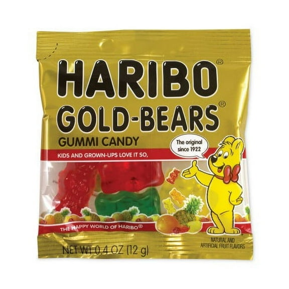 Haribo Goldbears Gummi Candy, 0.4 oz Pouches, Lemon; Orange; Pineapple; Rasberry; Strawberry, 54/Tub, (20900181)