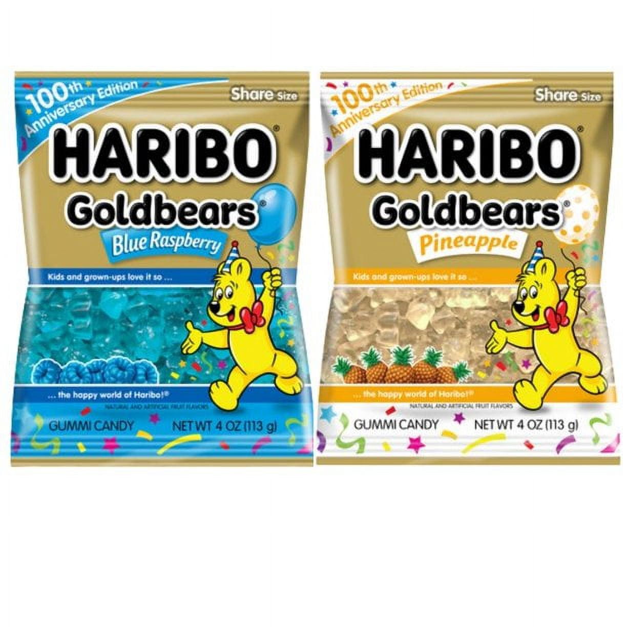 Haribo Goldbears Gummi Candy 100th Anniversary Limited Edition 4 oz. Bag  Set of 2 Fruity Flavors (1) Gummy Pineapple and (1) Blue Raspberry Flavor