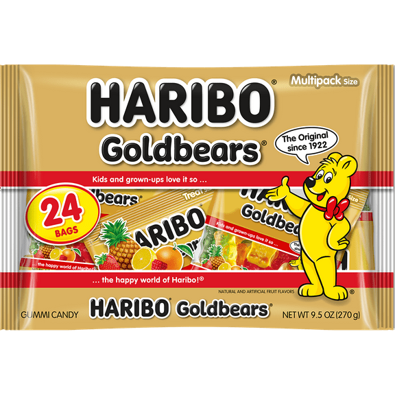 HARIBO Goldbears Original Assorted Fruit Flavor Gummy Candy Mini Pouches, 9.5oz, 23ct Bag