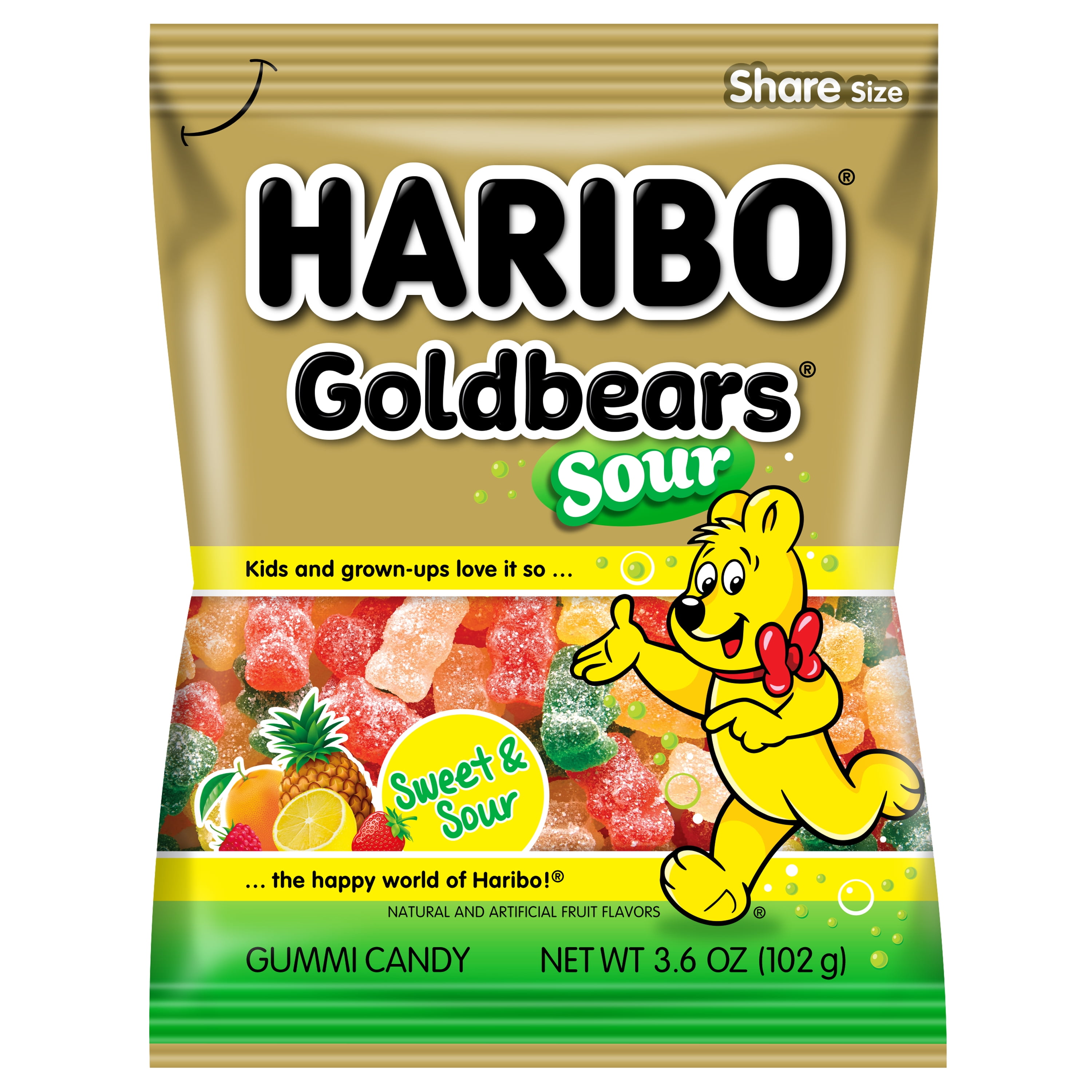 HARIBO Sour Goldbears Gummies Assorted Fruit Flavor Sour Gummy Candy, 3.6oz, Share Size Peg Bag