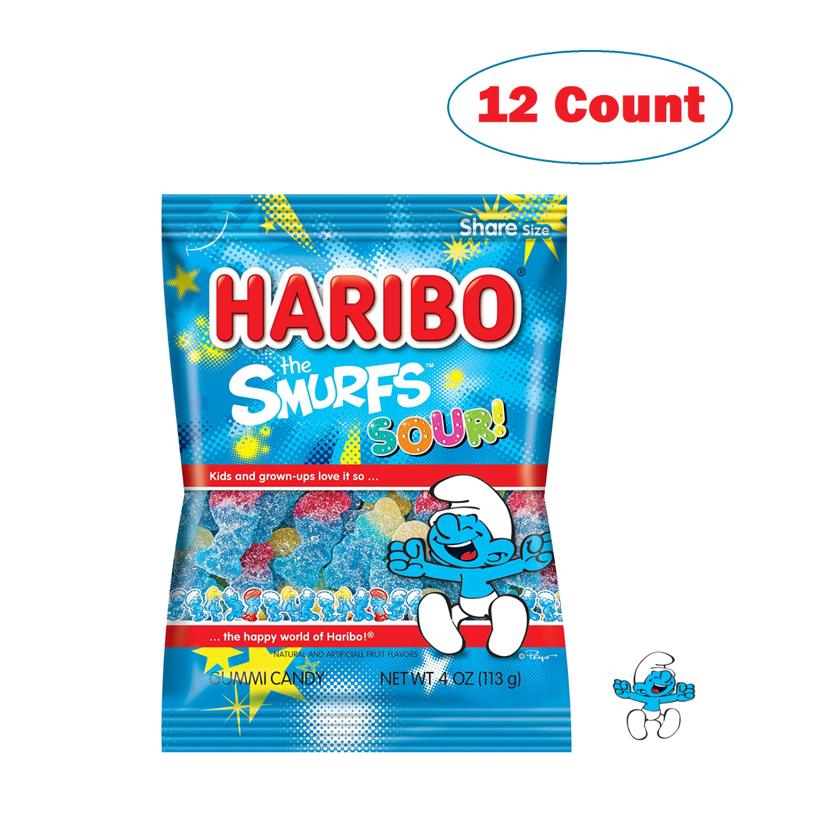 Haribo Gummi Candy, Sour Smurfs, Smurftastically, 4 Ounce Bags (Pack of