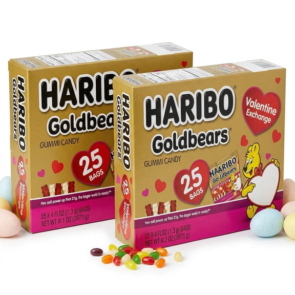 Haribo Gummi Candy | Valentine's Day Limited Edition | Red & White Goldbears | Raspberry & Pineapple, 0.4 oz. (25 mini bags) | Pack of 2