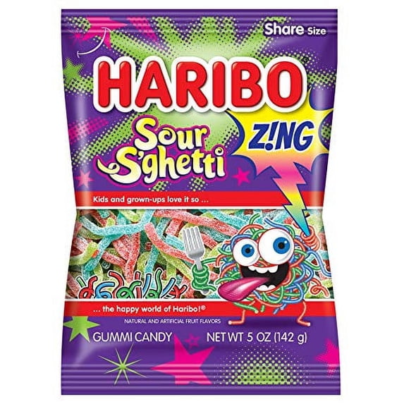 Haribo Gummi Candy, Z!NG Sour S'ghetti, 5-Ounce Bags (Pack Of 6)