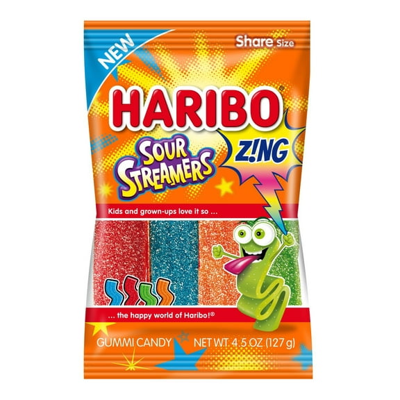 Haribo Gummi Candy, Z!NG Sour Streamers, 4.5 Ounce,Pack of 12