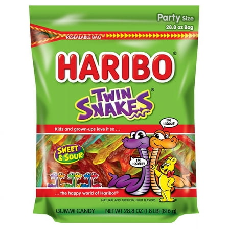 HARIBO Twin Snakes Gummies Original Sweet and Sour Assorted Fruit Flavor Gummy Candy, 28.8 oz, Bulk Party Size Bag