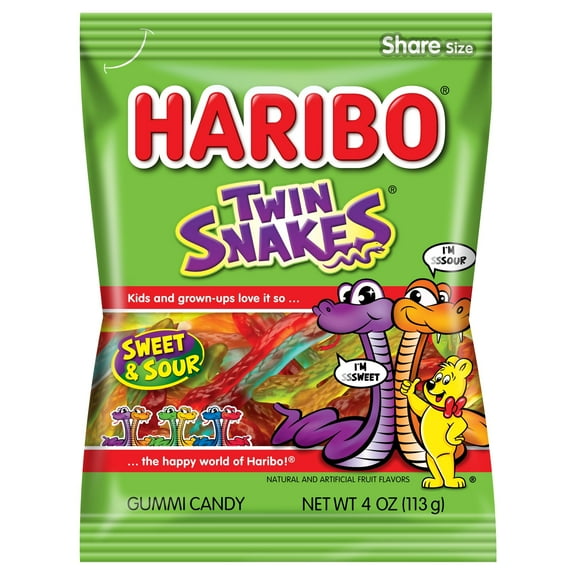 HARIBO Twin Snakes Gummies Original Sweet and Sour Assorted Fruit Flavor Gummy Candy, 4 oz, Share Size Peg Bag