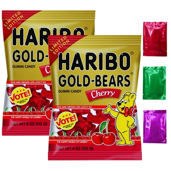 Haribo Limited Edition Goldbears Cherry, 4oz Gummy Candy Bag (Pack of 2) Gummies Holiday Gift Christmas Party Treat Gourmet Dessert Toppings Stocking Stuffer with Bonus Snoep in Beperkte Oplage