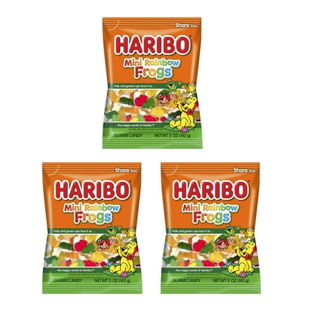 Haribo Mini Rainbow Frogs Pack of 3 (5oz Bag) Jelly Fruit Gummi Candy Peg Bag