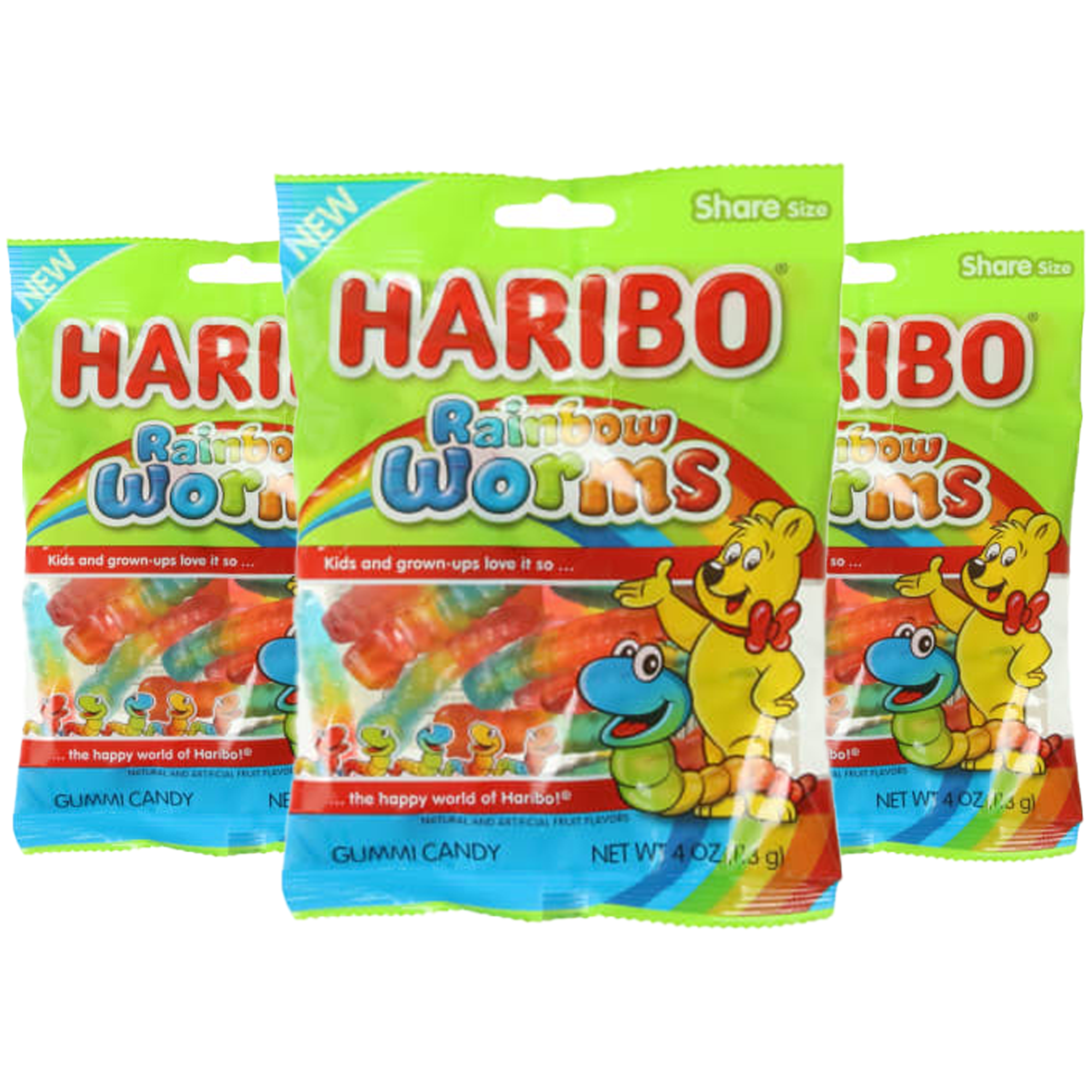 Haribo Rainbow Gummy Worms Pack of 3 (4 oz Bags) Sweet Gummy Candy for Easter, Christmas and More!
