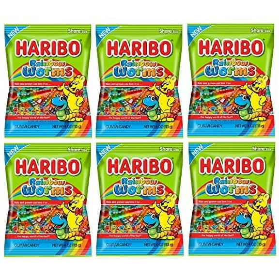 Haribo Rainbow Gummy Worms | Pack of 6 (5 oz Bags) | Lemon, Strawberry, and Black Currant | Candy for Easter, and More | King of Sweets Bulk Bag