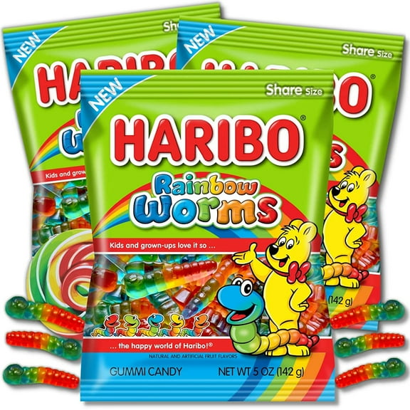 Haribo Rainbow Worms, Summer Candy Bowl Fillers, Pack of 3, 5 Ounces per Bag
