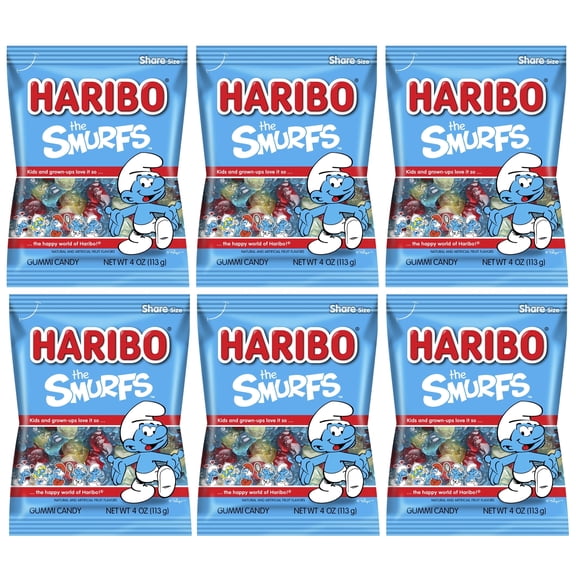 Haribo Smurfs Gummy Candy, 4 oz Bags (Pack of 6)  Fruity, Chewy Smurf-Shaped Gummies