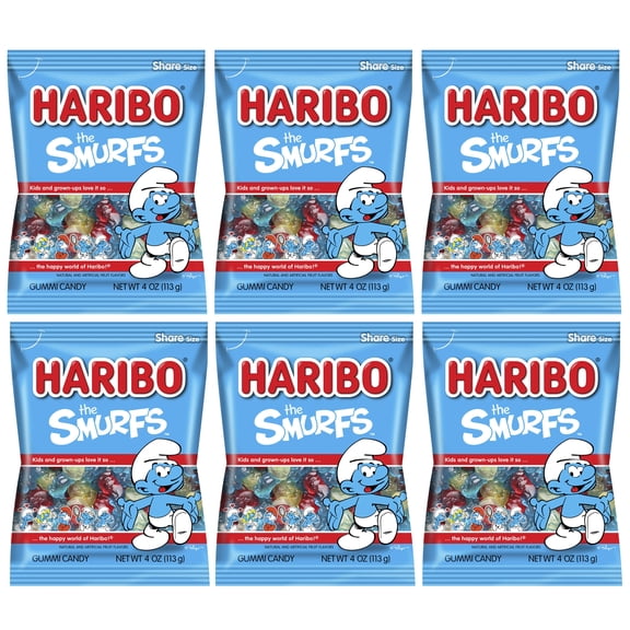 Haribo Smurfs Gummy Candy, 4 oz Bags (Pack of 6) Fruity, Chewy Smurf-Shaped Gummies
